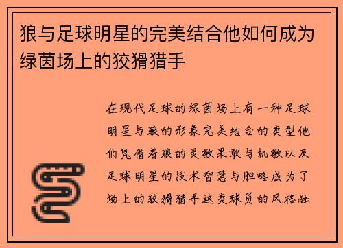 狼与足球明星的完美结合他如何成为绿茵场上的狡猾猎手